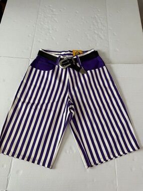 Cest Toi vintages Men's Purple & White Striped Jean Shorts with Black Waistband